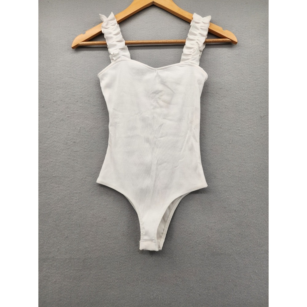 Francesca's Blue Rain White Ribbed Ruffle Strap Bodysuit Small NWT Sweetheart